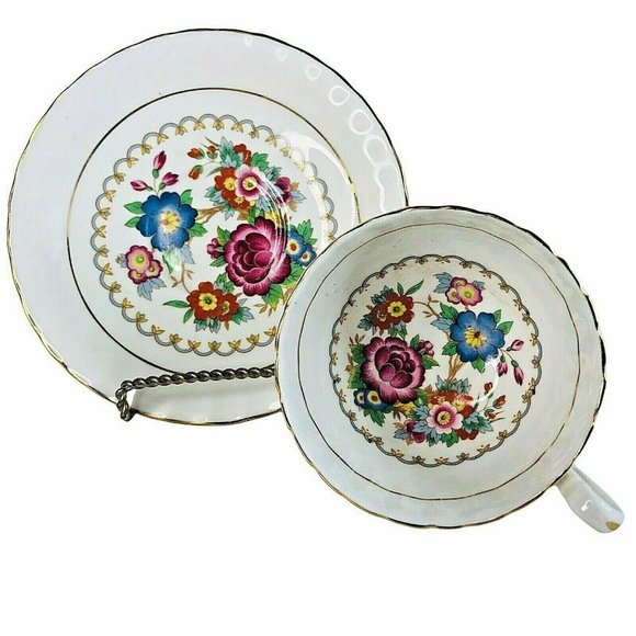 Aynsley Other - Aynsley Tea Cup & Saucer Floral Blue Burgundy Bone China Footed Scallop Gold